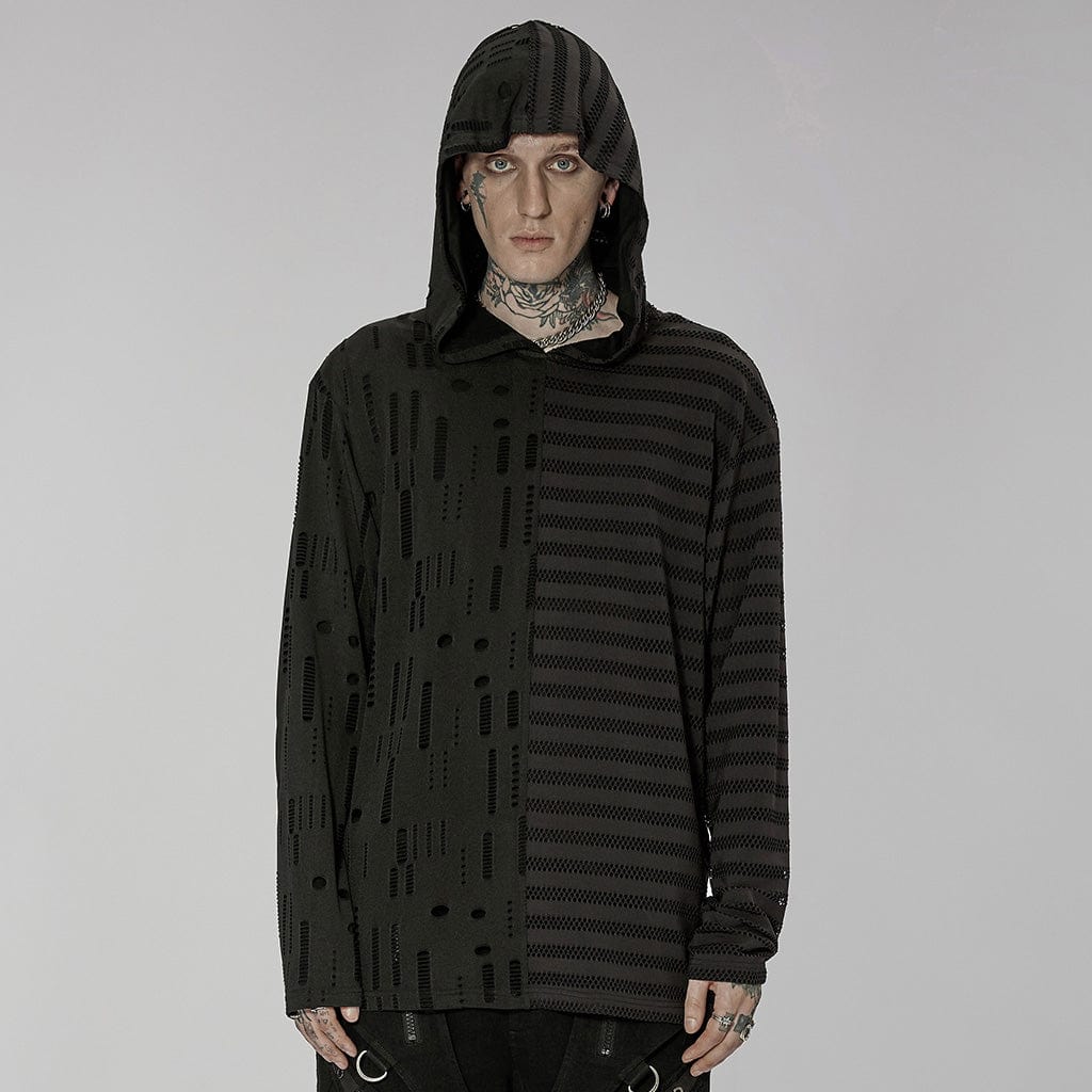 PUNK RAVE Men's Gothic Striped Splice Ripped Hoodies