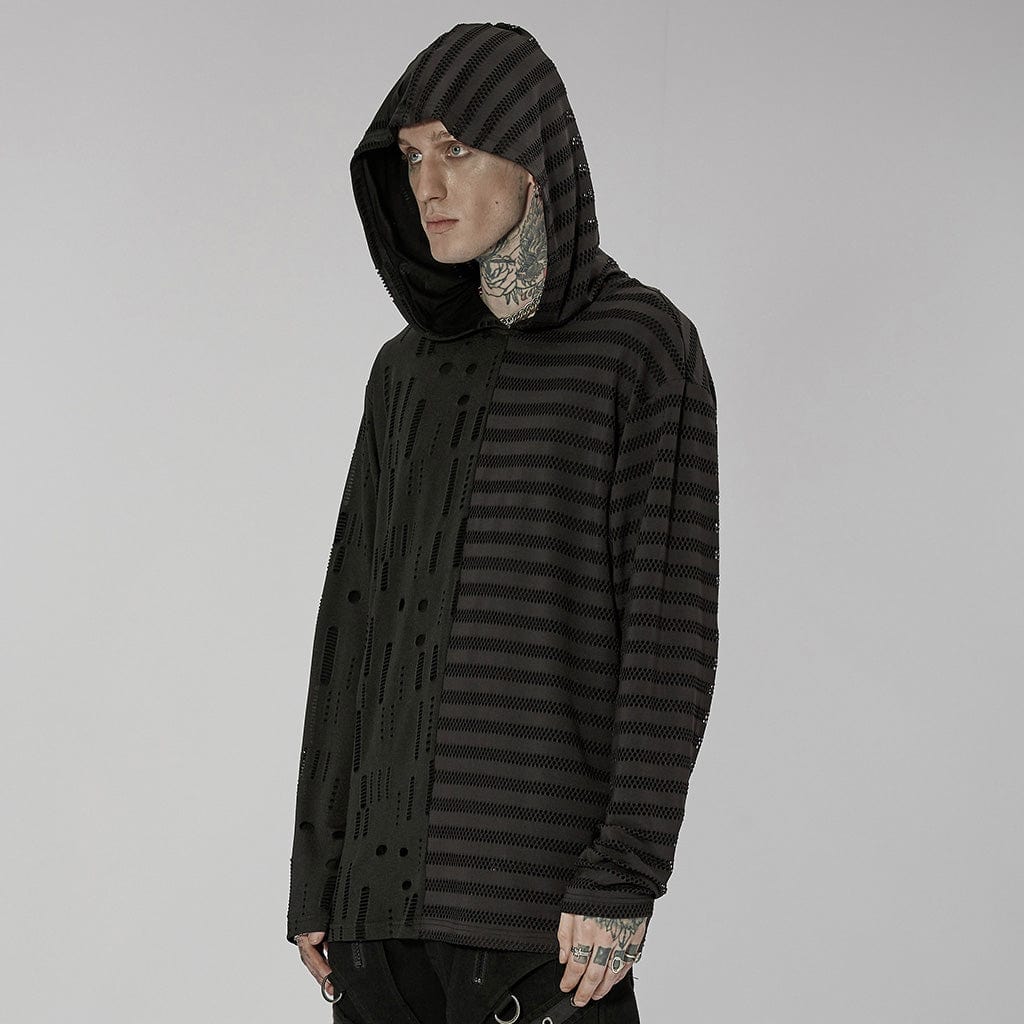 PUNK RAVE Men's Gothic Striped Splice Ripped Hoodies