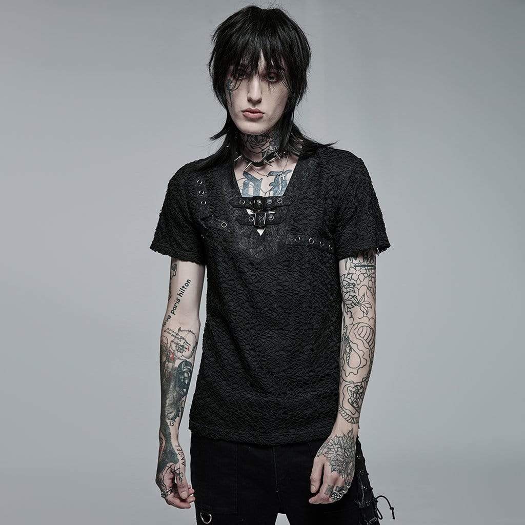 Punk Rave Men's Punk Buckle Splice Mesh T-shirt