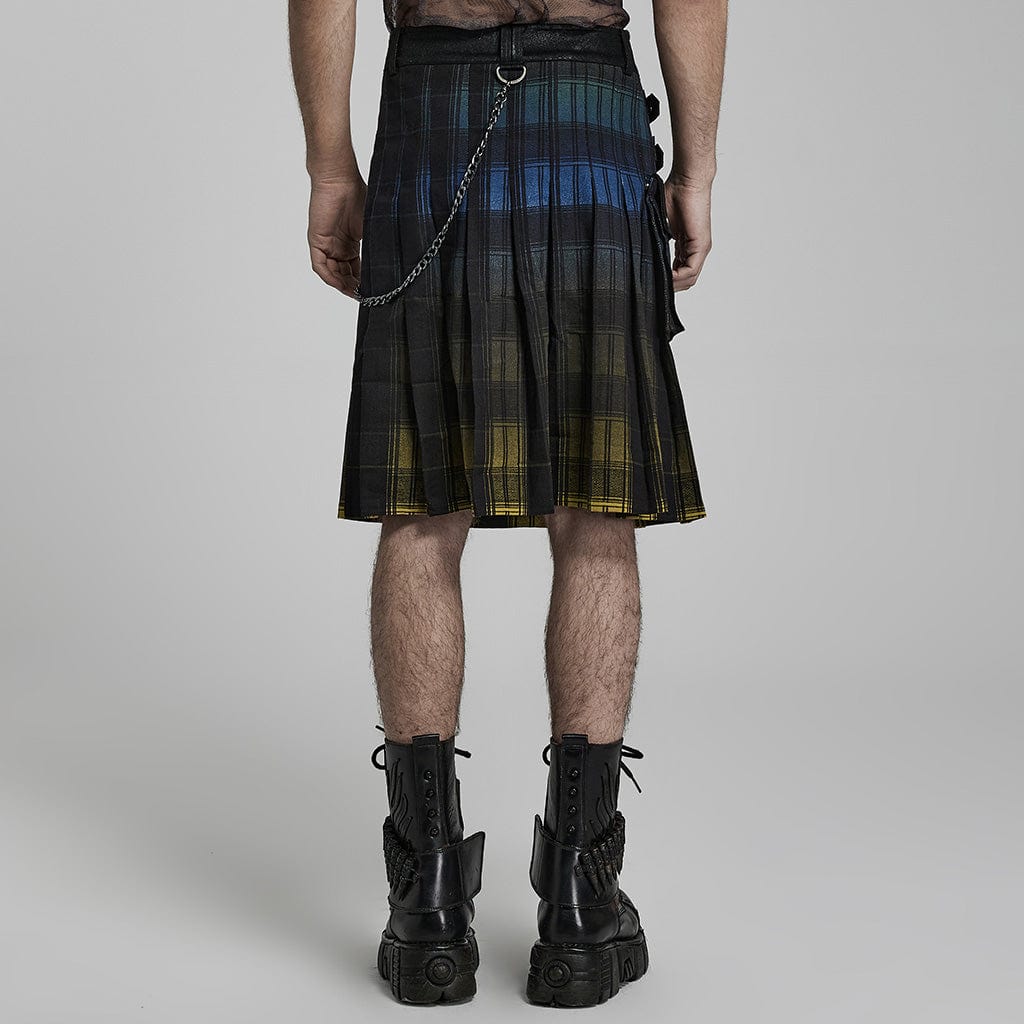 PUNK RAVE Men's Punk Color Gradient Plaid Kilt