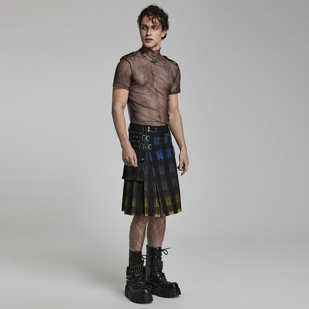 PUNK RAVE Men's Punk Color Gradient Plaid Kilt