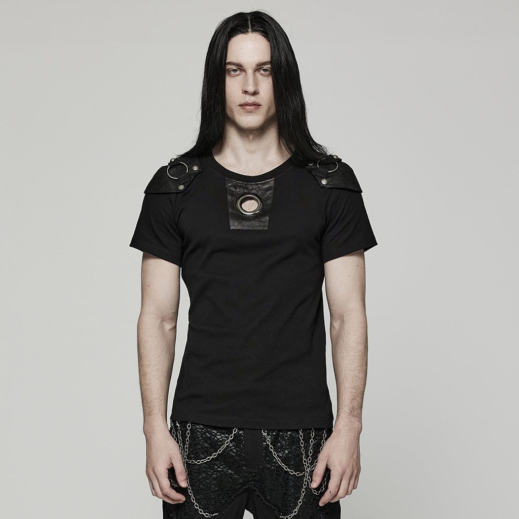 PUNK RAVE Men's Punk Cutout T-shirt with Detachable Shoulder Pad