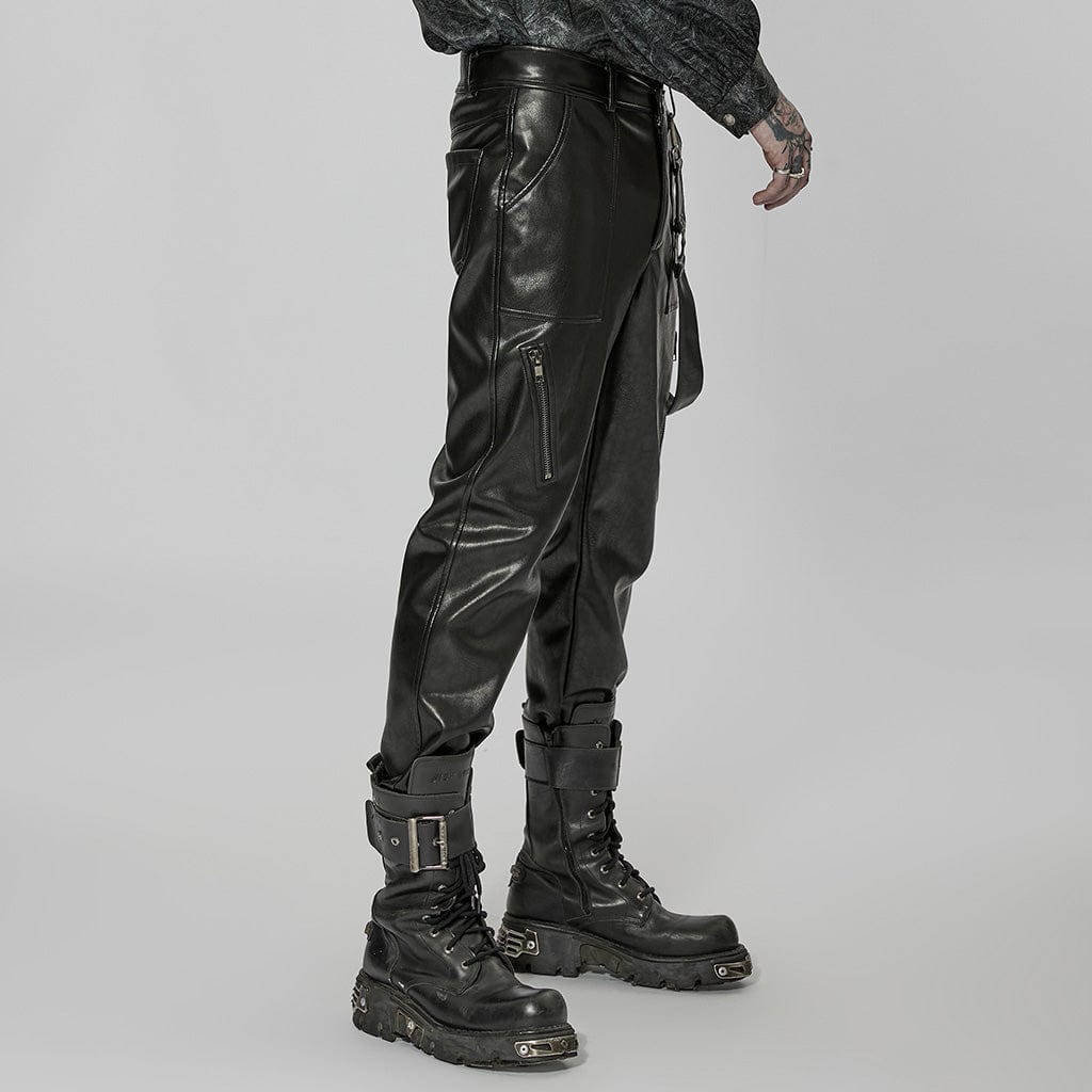 PUNK RAVE Men's Punk Faux Leather Pants with Strap