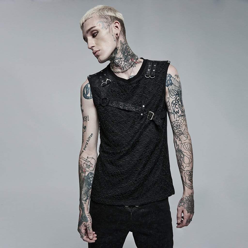 Punk Rave Men's Punk Mesh Splice Buckle Tank Top