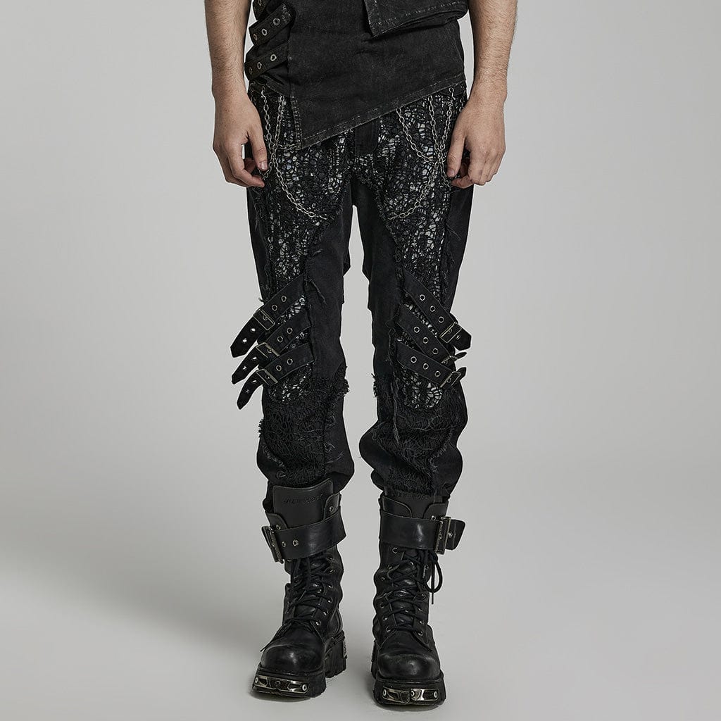 PUNK RAVE Men's Punk Mesh Splice Strap Pants