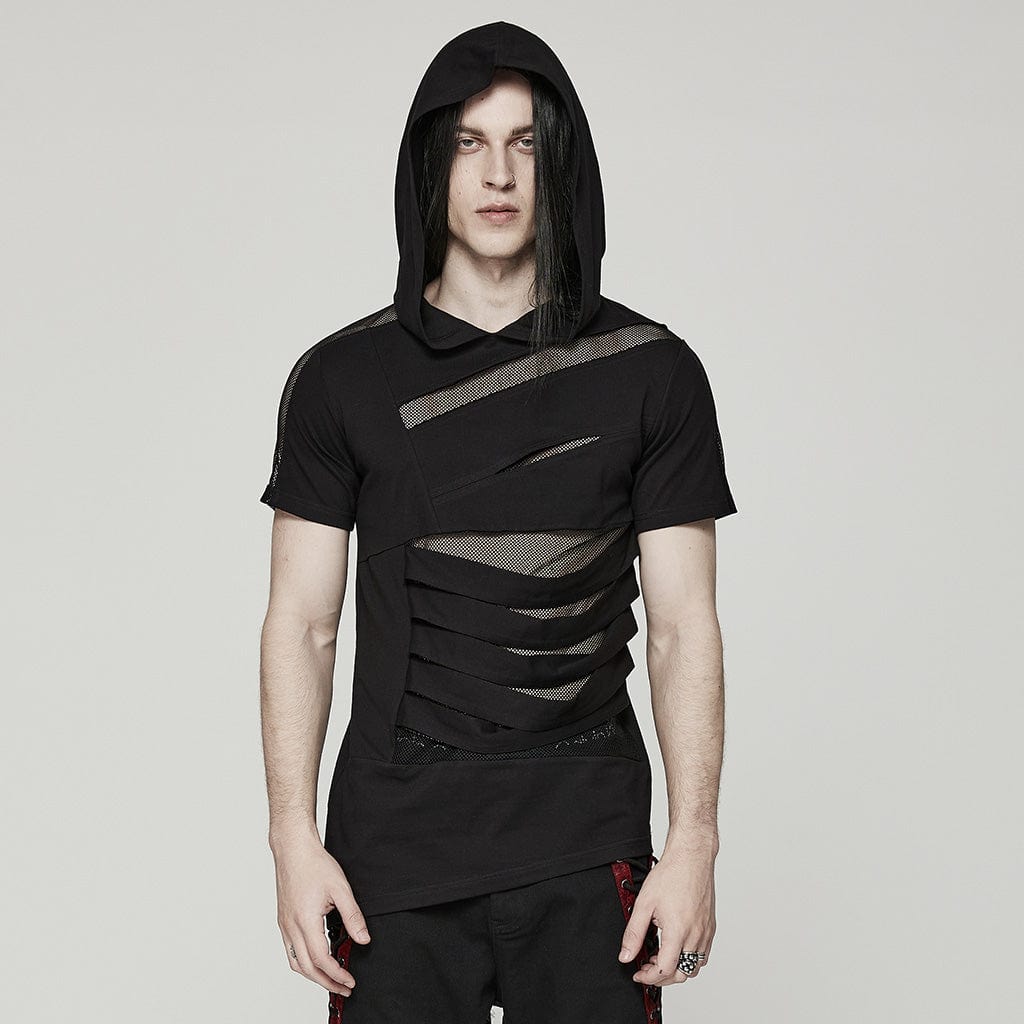 PUNK RAVE Men's Punk Mesh Splice T-shirt with Hood