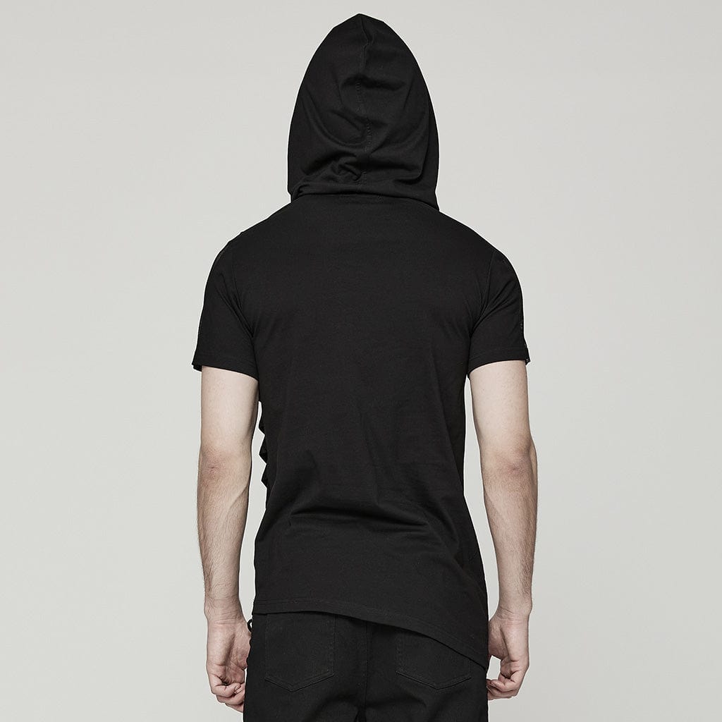 PUNK RAVE Men's Punk Mesh Splice T-shirt with Hood