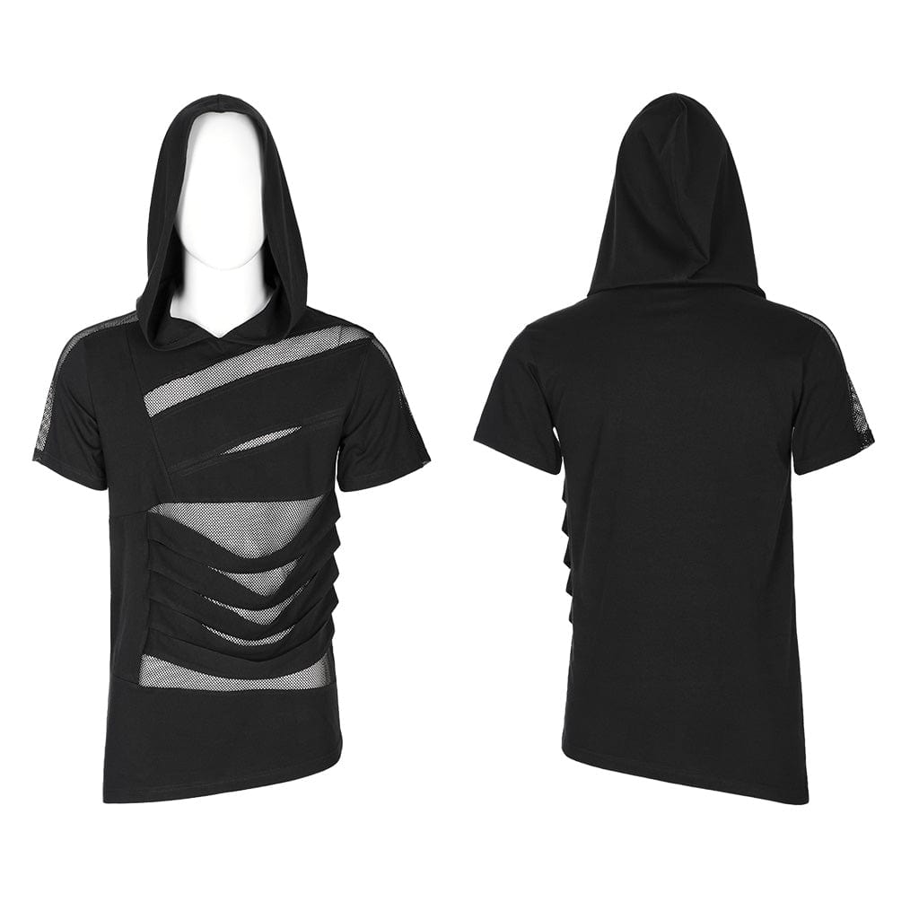 PUNK RAVE Men's Punk Mesh Splice T-shirt with Hood