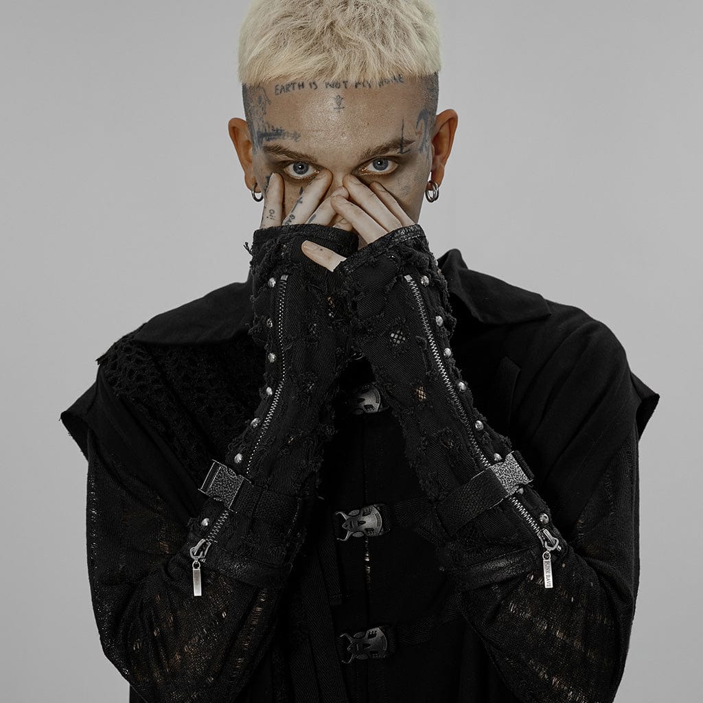 PUNK RAVE Men's Punk Ripped Gloves with Detachable Buckle