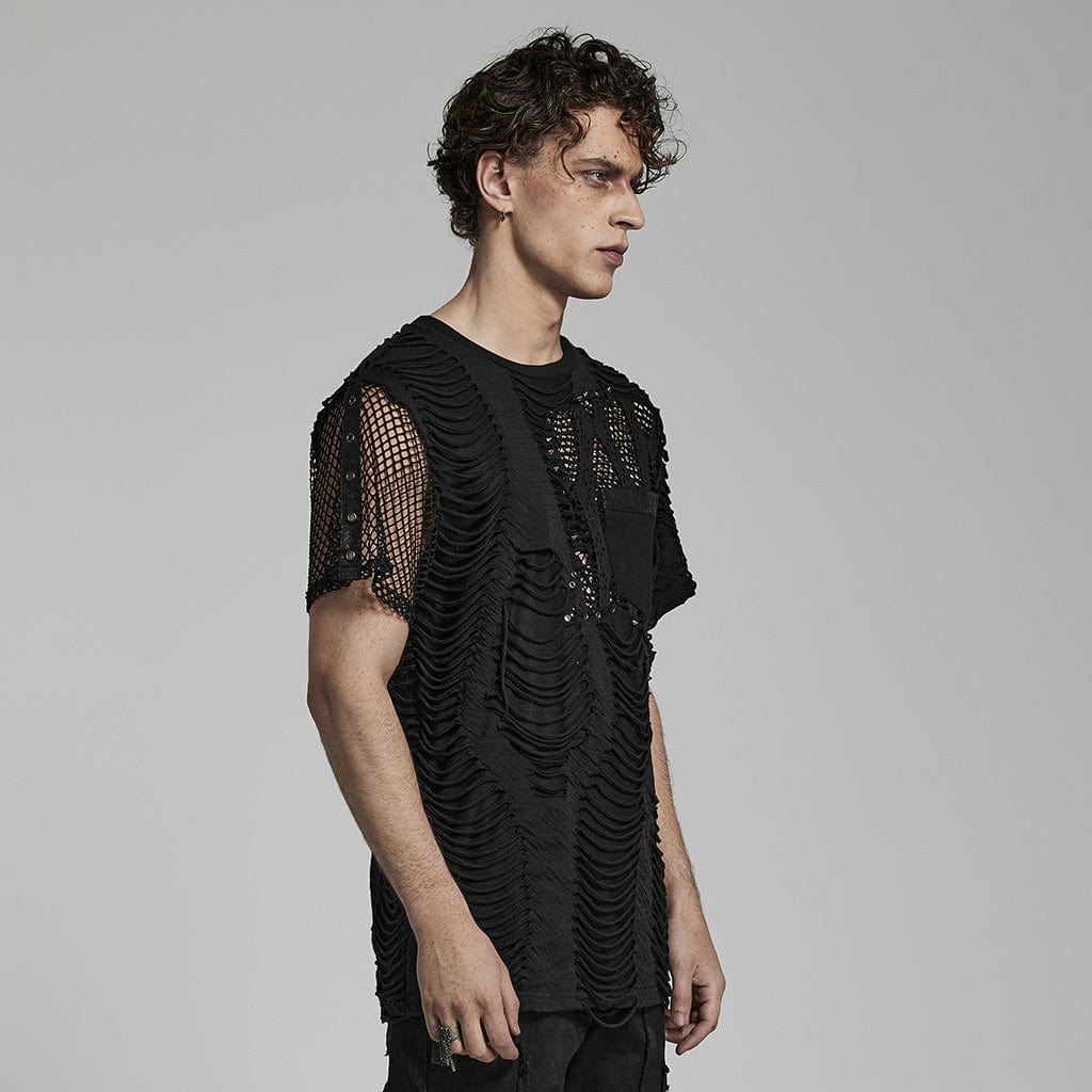 PUNK RAVE Men's Punk Ripped Mesh Splice T-shirt