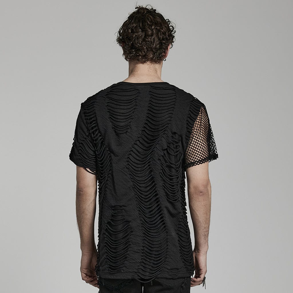 PUNK RAVE Men's Punk Ripped Mesh Splice T-shirt