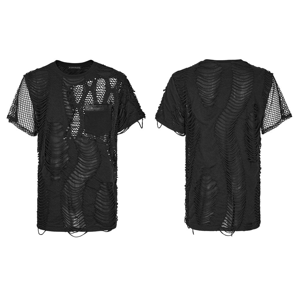 PUNK RAVE Men's Punk Ripped Mesh Splice T-shirt