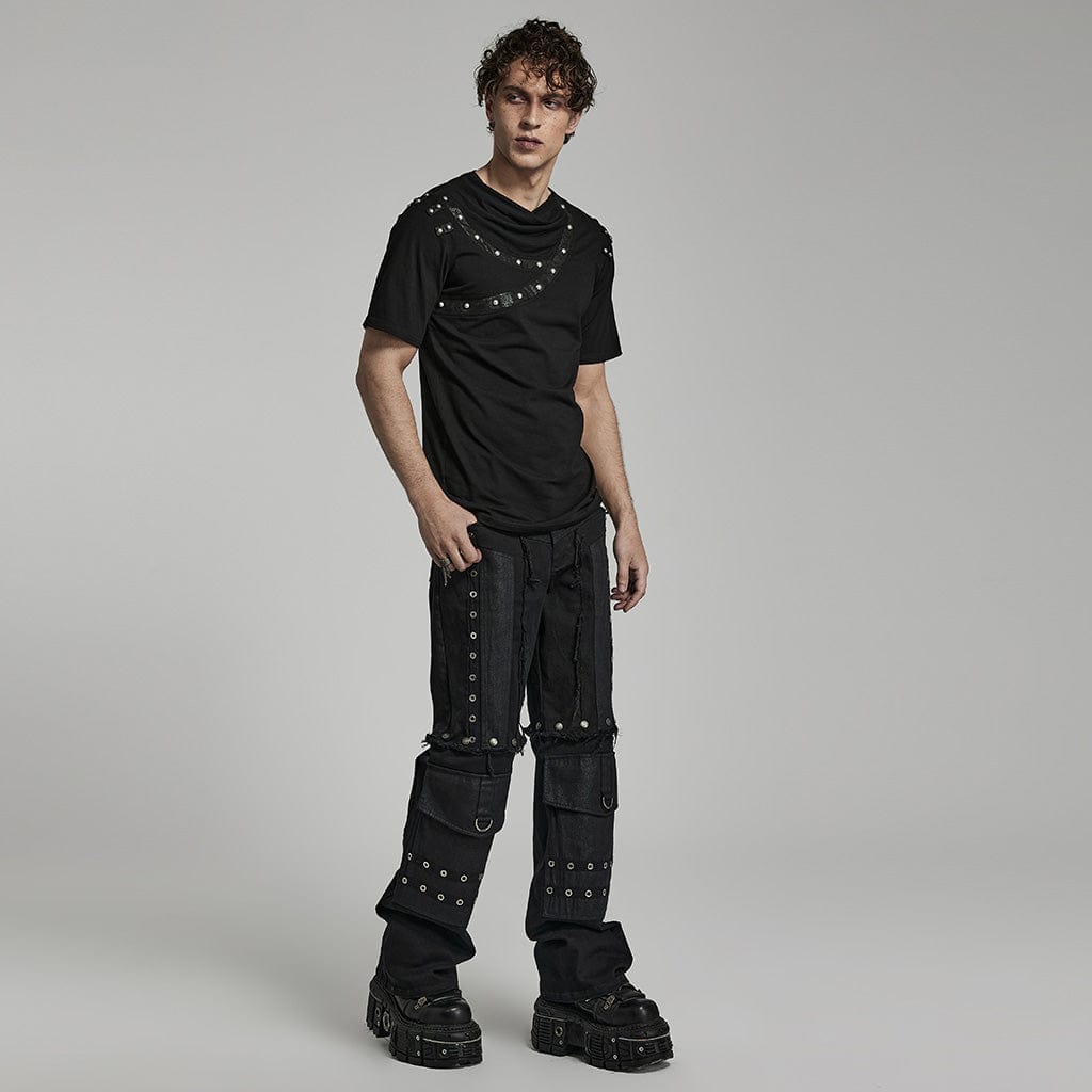 PUNK RAVE Men's Punk Ruched Collar T-shirt