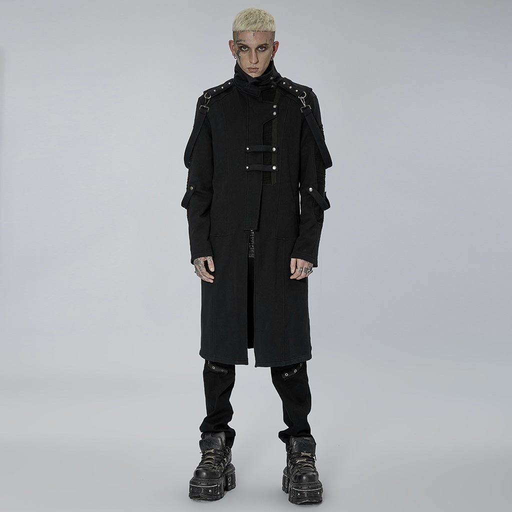 PUNK RAVE Men's Punk Stand Collar Asymmetric Zipper Long Coat