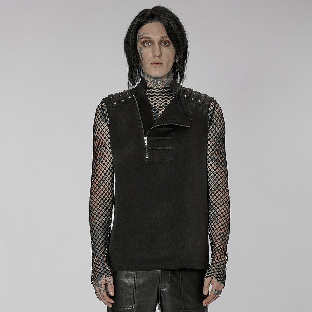 PUNK RAVE Men's Punk Stand Collar Asymmetric Zipper Vest