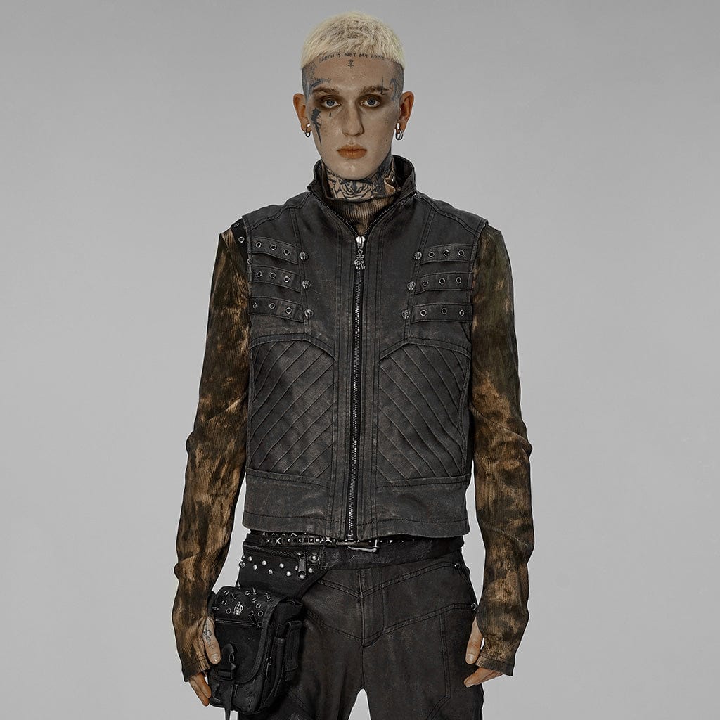 PUNK RAVE Men's Punk Stand Collar Buckle Distressed Vest