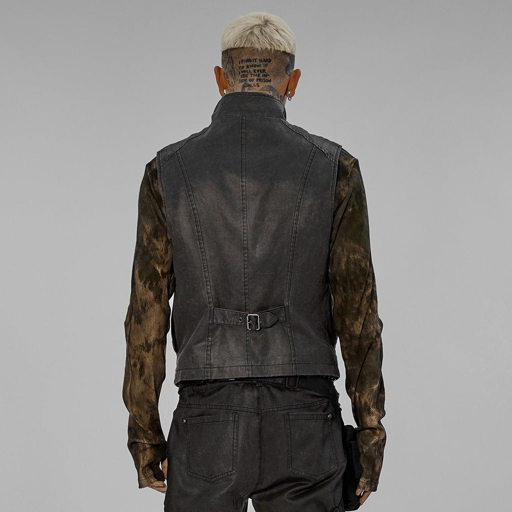 PUNK RAVE Men's Punk Stand Collar Buckle Distressed Vest