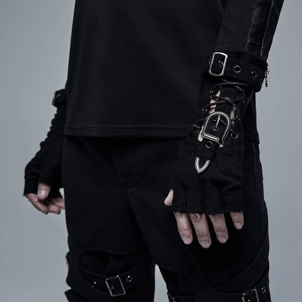 Men's Punk Strappy Cutout Buckles Black Gloves