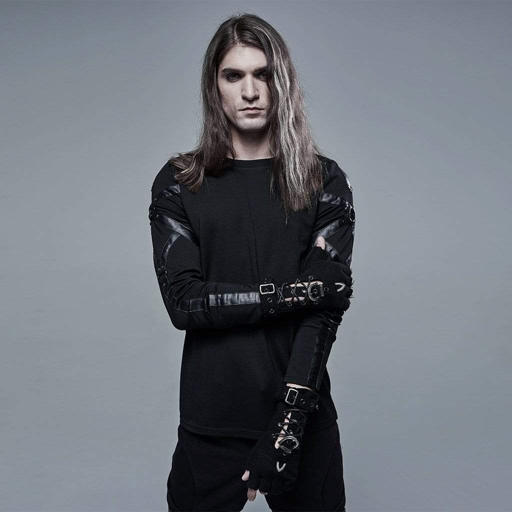 Men's Punk Strappy Cutout Buckles Black Gloves
