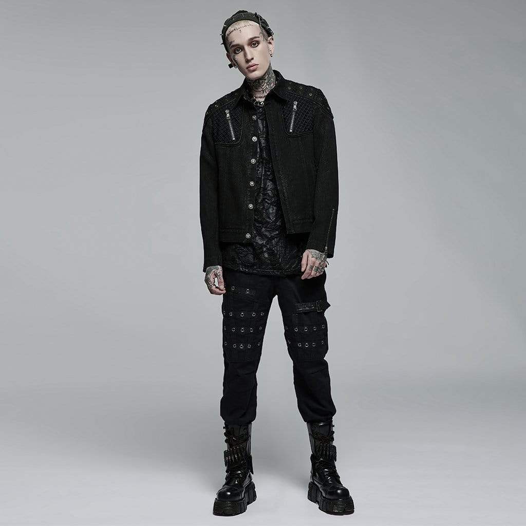 Punk Rave Men's Punk Turn-down Collar Mesh Splice Jacket