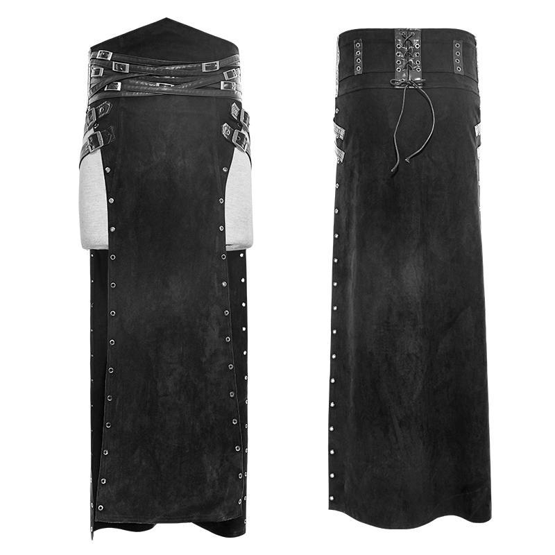 Men's Steampunk Buckle Up Side Slit Maxi Skirt