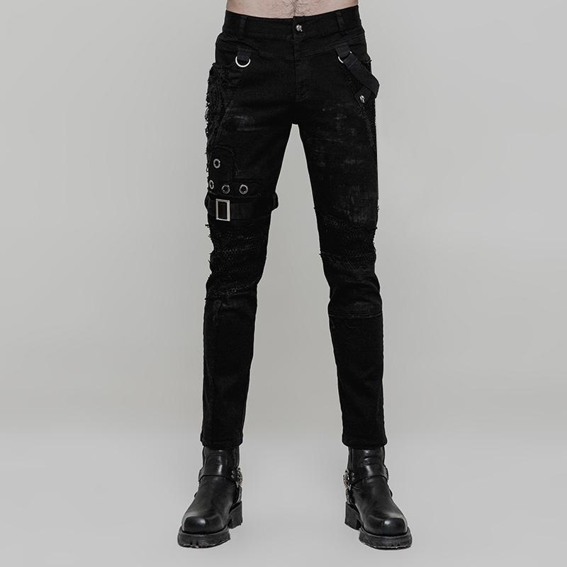 Men's Personality Distressed Mesh-paneled Skinny Trousers