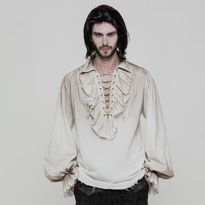 Punk Rave Men's Steampunk Ruched Lace-up Drawstring Long-Sleeve Shirt Y873