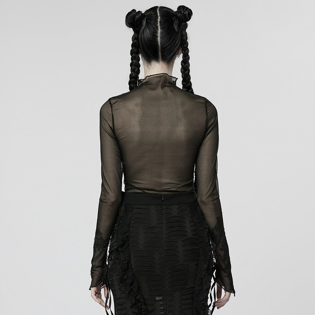 PUNK RAVE Women's Gothic Feather Mesh Shirt