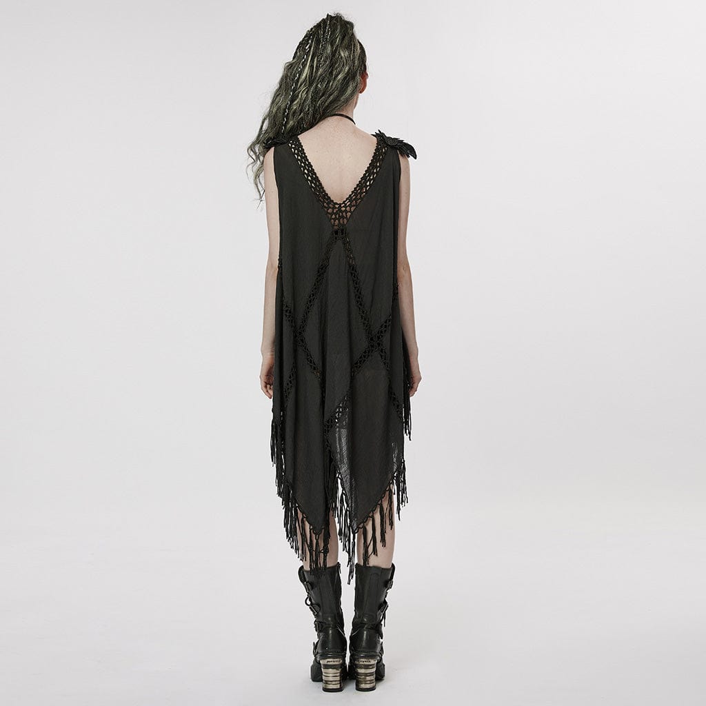 PUNK RAVE Women's Gothic Feather Tassels Dress
