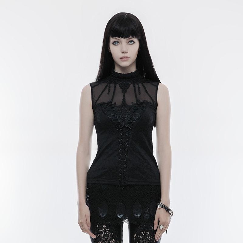 Women's Gothic Floral Jacquard Mesh Colorblock Sleeveless Tops