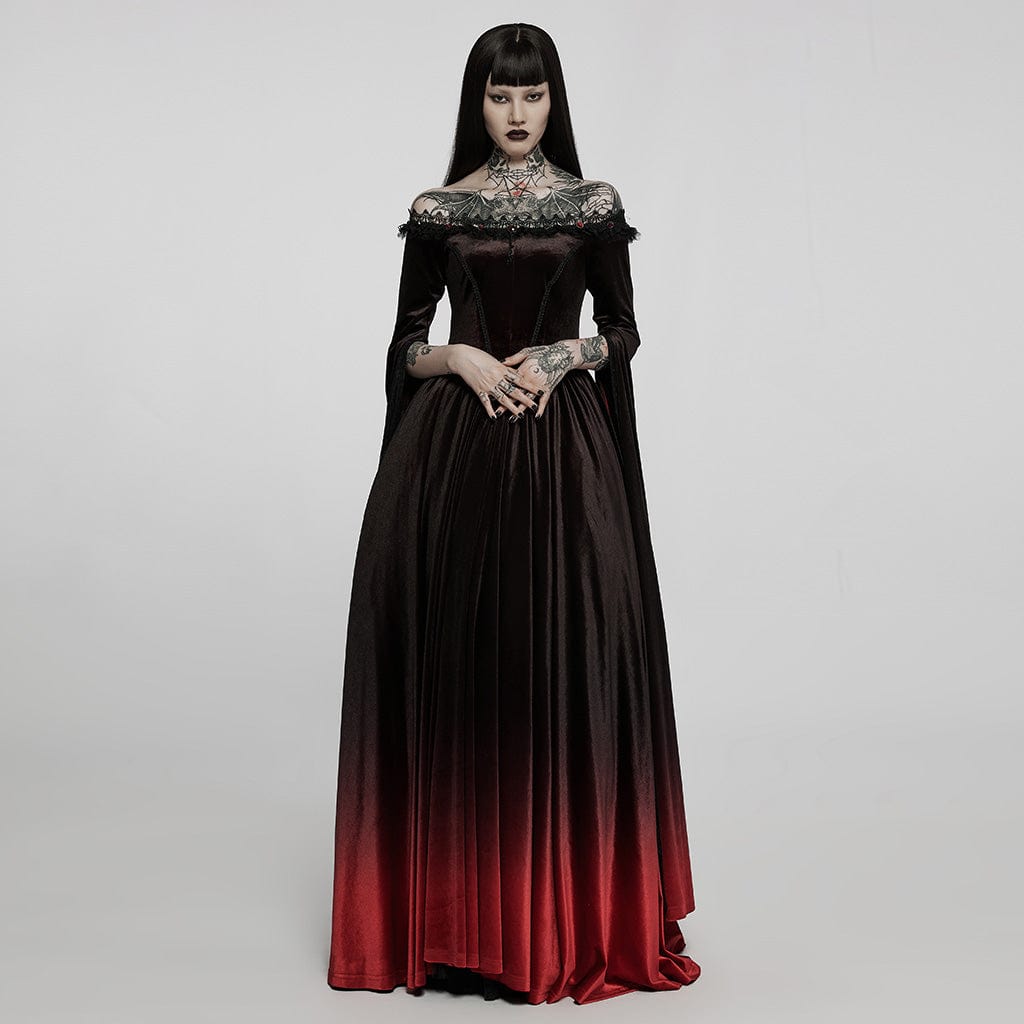 PUNK RAVE Women's Gothic Gradient Off Shoulder Flare Sleeved Maxi Dress Wedding Dress
