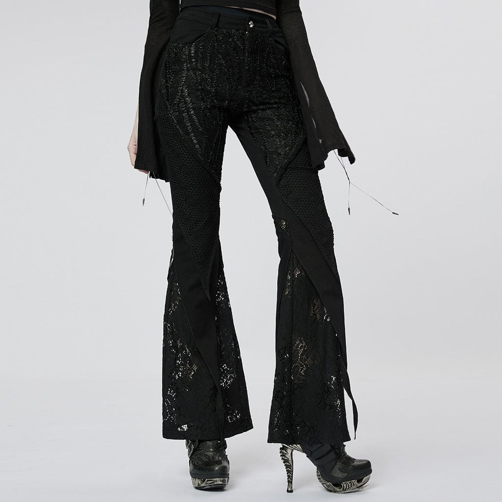 PUNK RAVE Women's Gothic Lace Splice Flared Pants