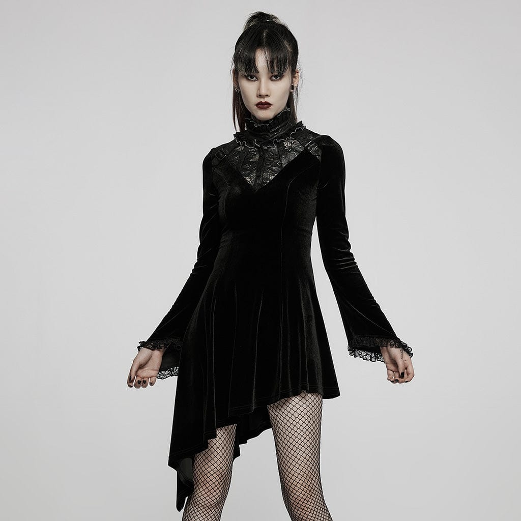 PUNK RAVE Women's Gothic Lace Stand Collar Irregular Hem Velet Dress