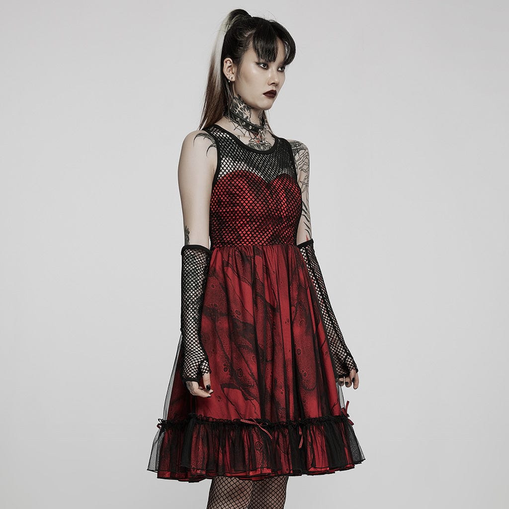 PUNK RAVE Women's Gothic Lolita Multilayer Mesh Dress with Sleeves