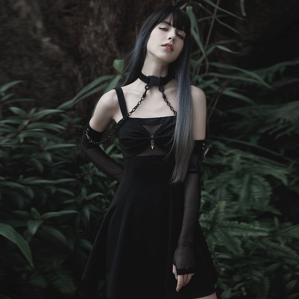 PUNK RAVE Women's Gothic Mesh Arm Sleeves with Detachable Choker