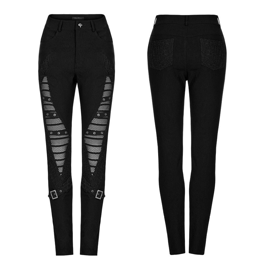 PUNK RAVE Women's Gothic Mesh Splice Buckle Leggings