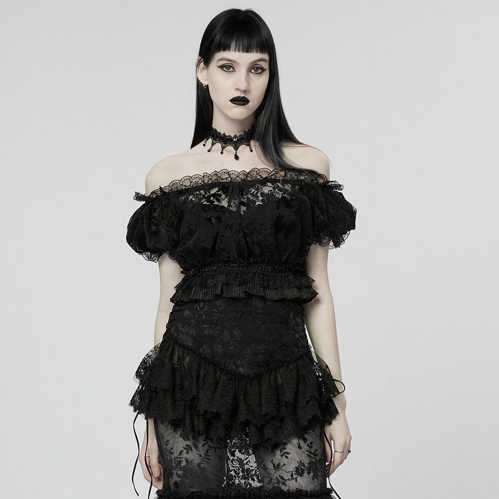 PUNK RAVE Women's Gothic Off Shoulder Ruffles Sheer Shirt