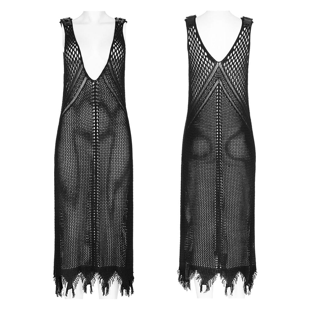 PUNK RAVE Women's Gothic Plunging Mesh Slip Dress
