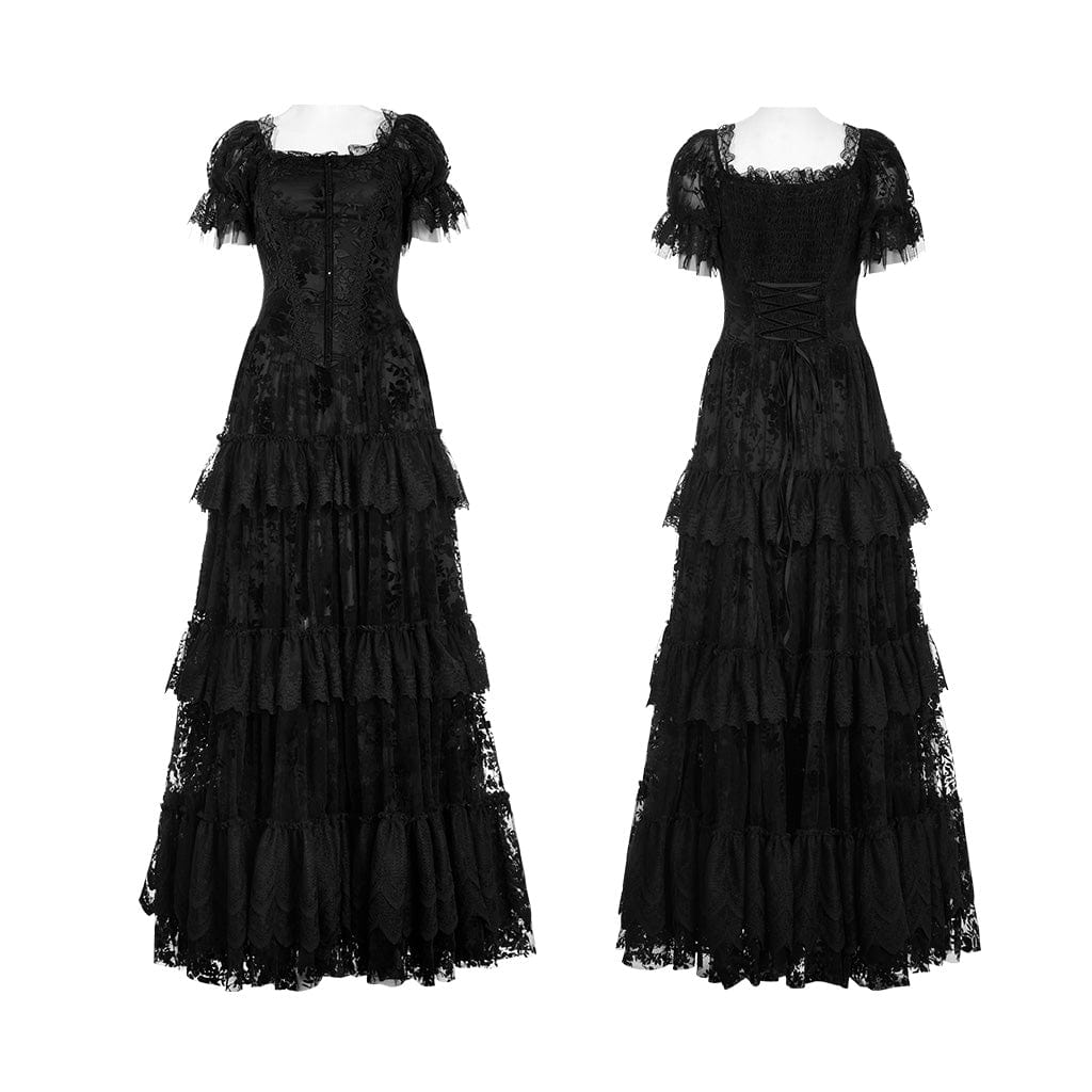 PUNK RAVE Women's Gothic Puff Sleeved Ruffles Lace Dress