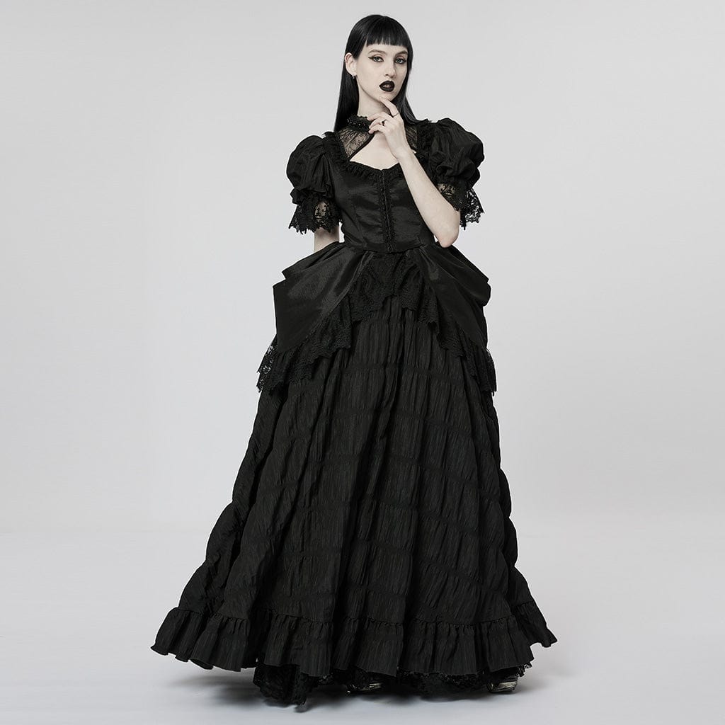 PUNK RAVE Women's Gothic Puff Sleeved Ruffles Layered Dress