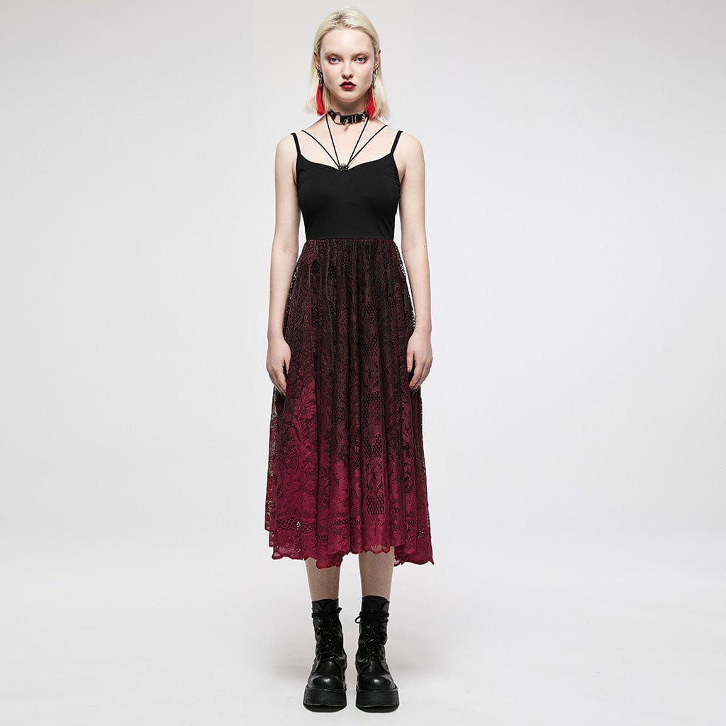 Punk Rave Women's Gothic Red Gradient Floral Lace Slip Dress
