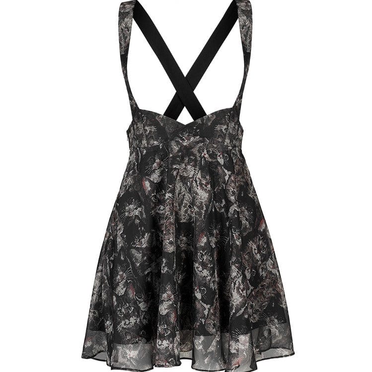 Punk Rave Women's Grunge Cat Printed Chiffon Suspender Skirt Slip Dress