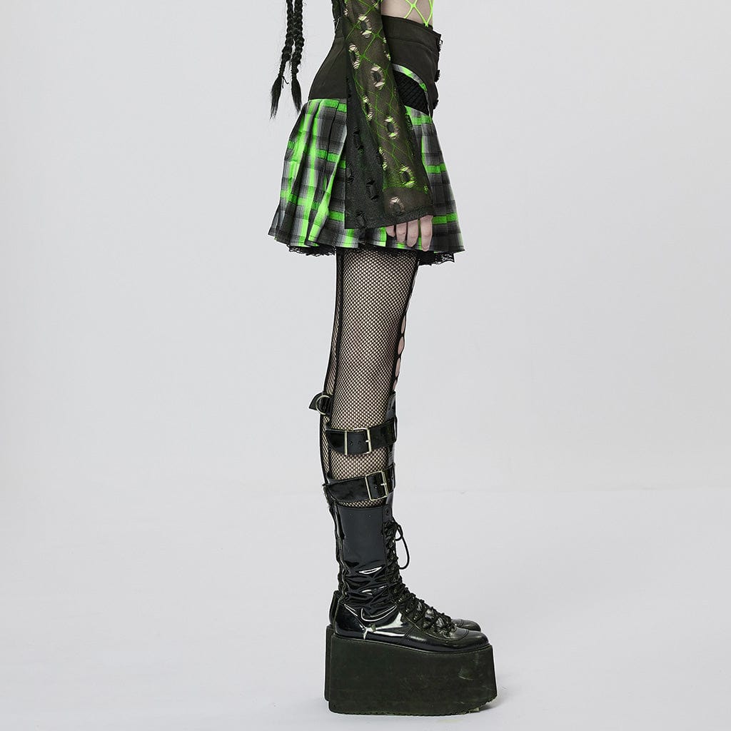 PUNK RAVE Women's Grunge Double Color Plaid Pleated Skirt