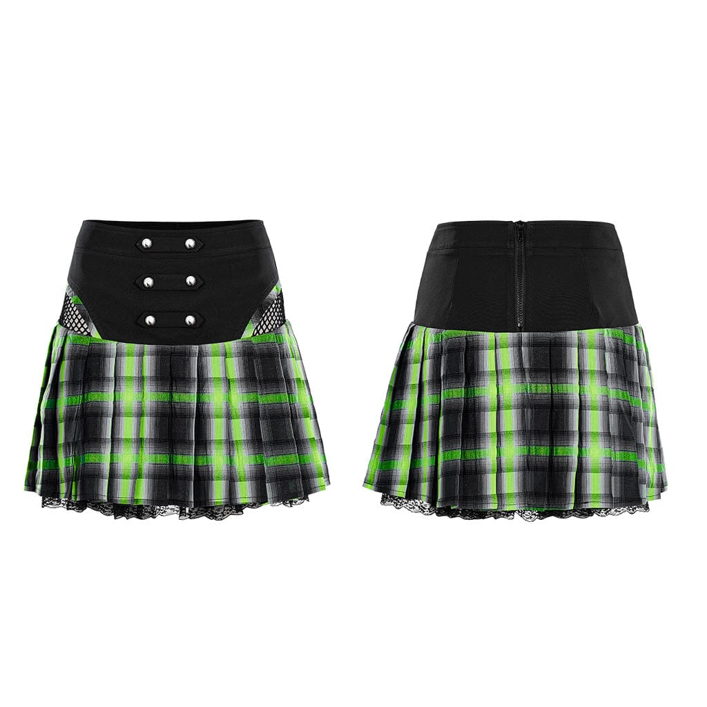 PUNK RAVE Women's Grunge Double Color Plaid Pleated Skirt