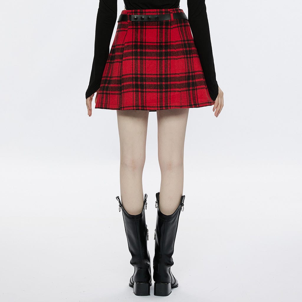 PUNK RAVE Women's Grunge Faux Leather Splice Plaid Skirt