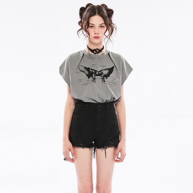 Punk Rave Women's Grunge Off Shouder Butterfly Printed Casual Tee