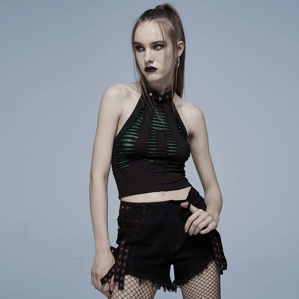 Punk Rave Women's Grunge Ripped Skull Halter Crop Top