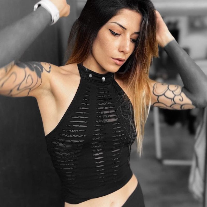 Punk Rave Women's Grunge Ripped Skull Halter Crop Top