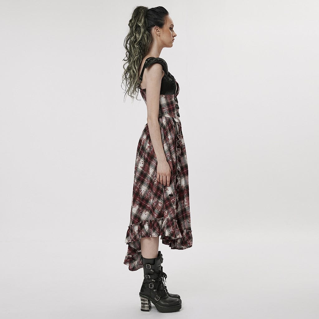 PUNK RAVE Women's Grunge Ruffled Plaid Dress with Shoulder Pad