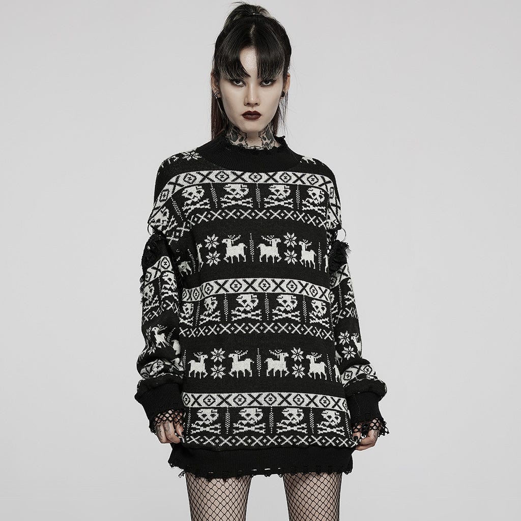 PUNK RAVE Women's Grunge Skull Deer Loose Sweater